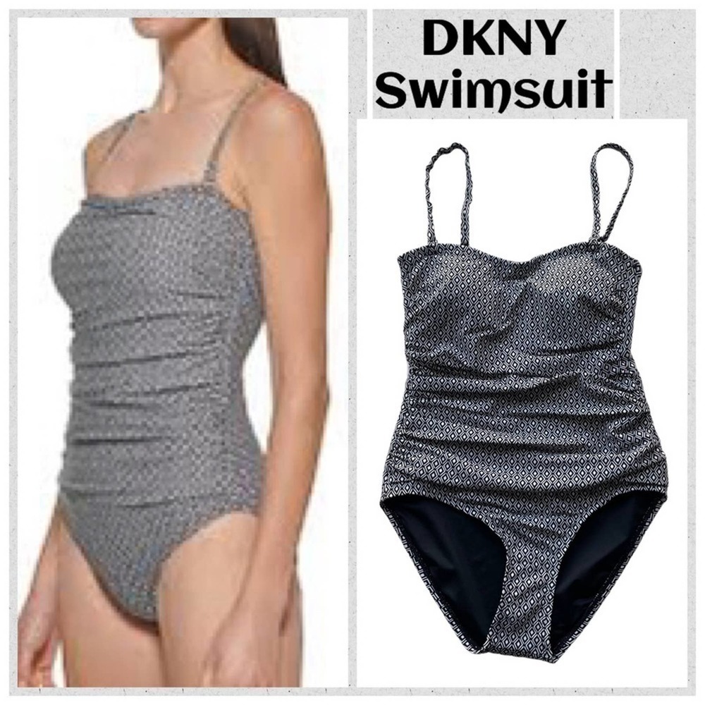 DKNY Swimsuit One Piece Black White Geo Size Small Bandeau UPF SPF Stretch